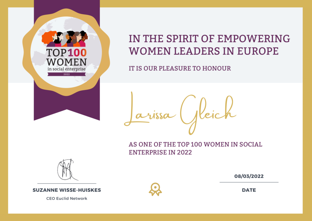 Zertifikat für Auszeichnung 2022 durch Euclid Network: Top 100 Women in Social Enterprise in Europe